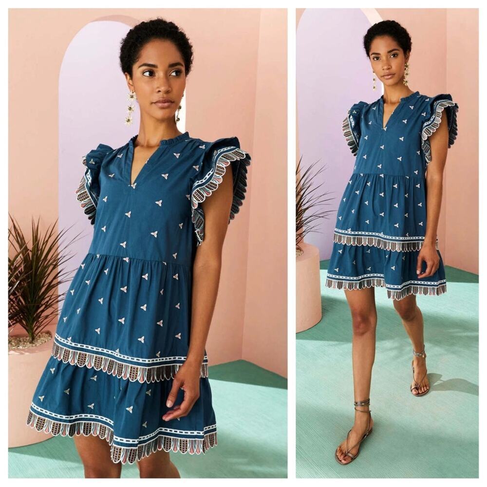 Marie Oliver GIA Mini Dress Embroidered Flutter Sleeve Ruffle Boho Indigo Small